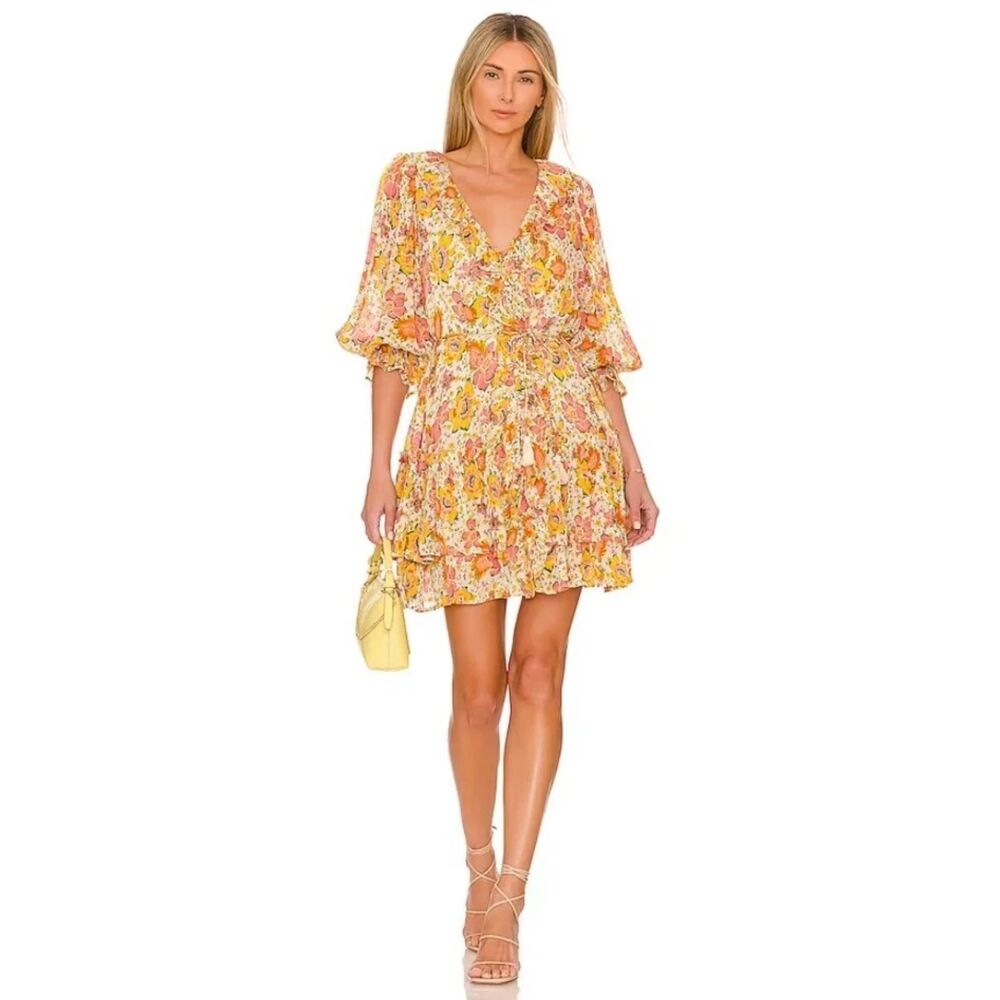 Cleobella Audrey Floral Mini Dress Women's S Yellow Ruffled V Neck Cottage Boho